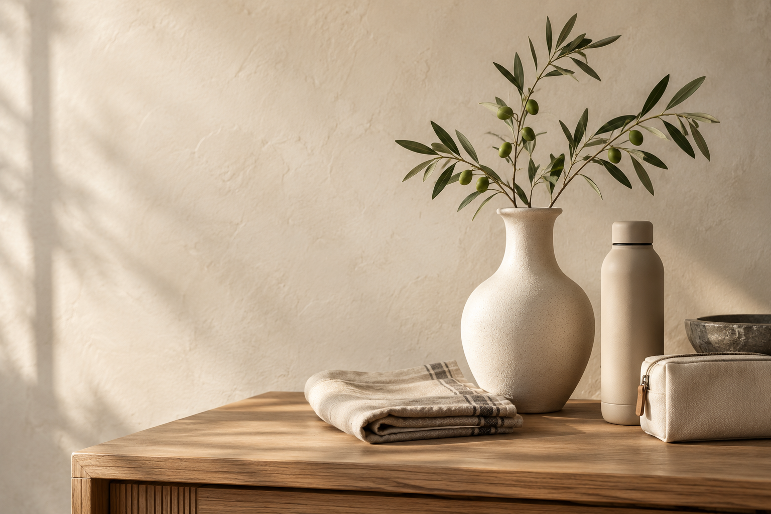 Illustrative still life of ceramics, linen and everyday objects in warm natural light